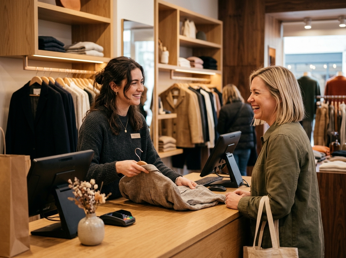 Boutique staff member using BoutiqueMate POS counter checkout with customer